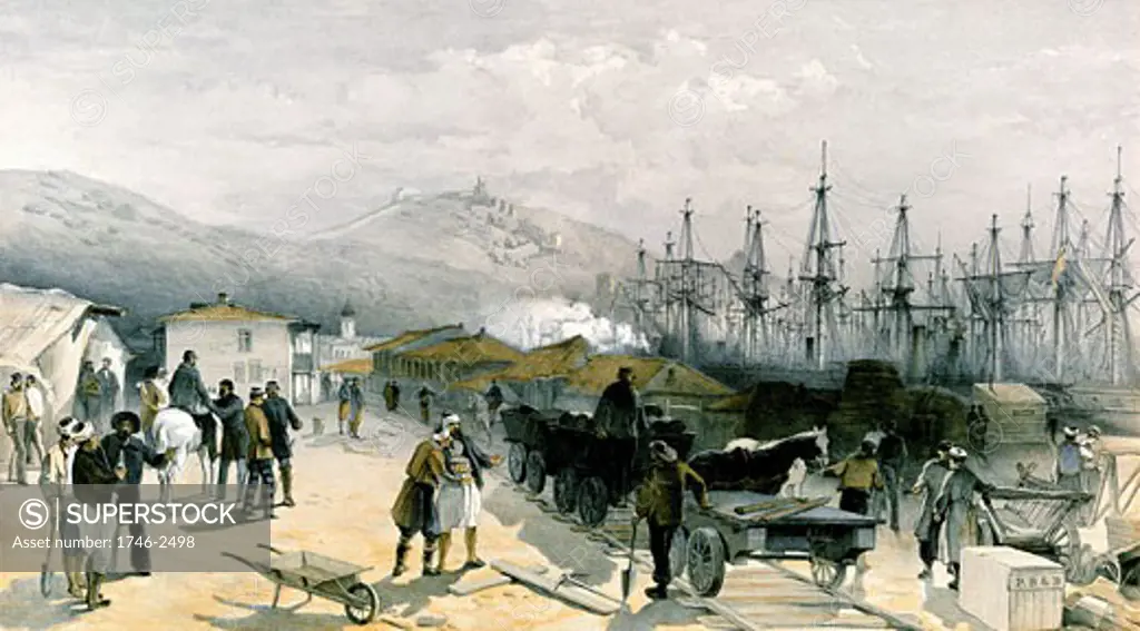 The Railway at Balaklava. , Unloading supplies from ships in Balaklava harbor. Crimean War, From William Simpson Illustrations of the War in the East, London 1855-1856, Tinted lithograph