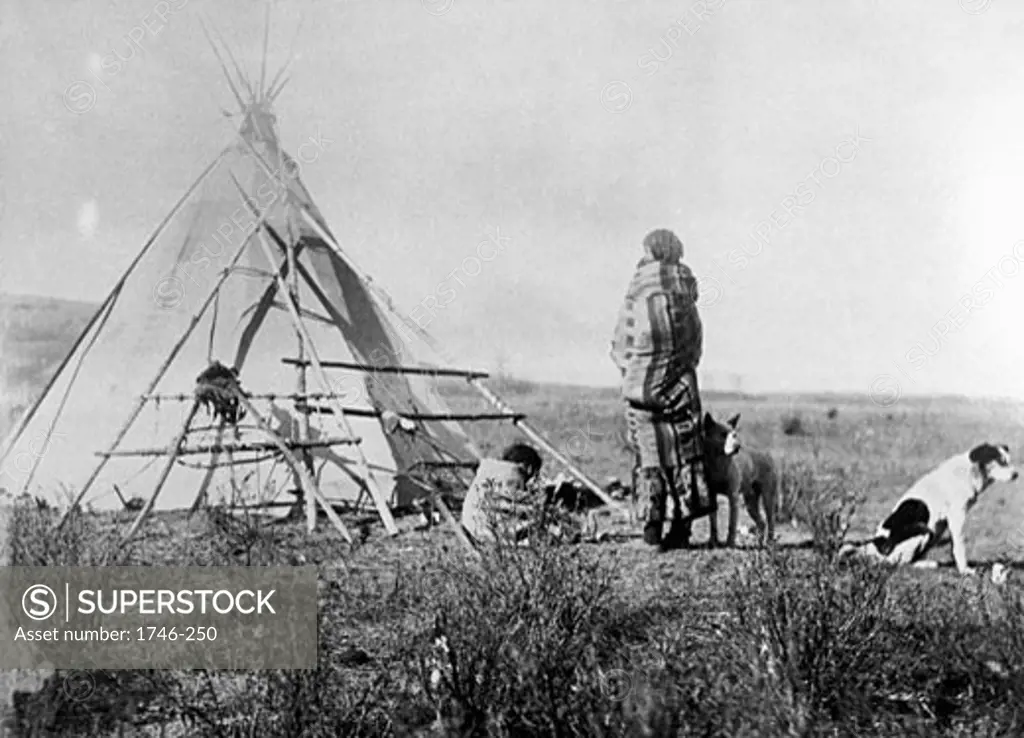 Cree North American Indian squaw with her papoose on her back, standing outside her tepee with an older child and two dogs, From photograph taken c. 1885-1890