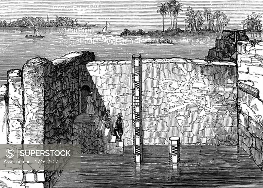 Nilometer, remains of ancient device for measuring annual inundation of the Nile. Annual flooding vitally important to Egypt as it governed fertility of soil and could mean difference between abundance and starvation. Engraving c1885