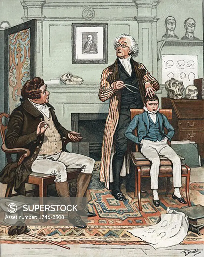 Phrenology: measuring bumps on boy's head to assess his future. On wall is picture of Gall (1757-1828) founder of the theory that shape of skull related to intellectual capacity and behaviour. 1886 illustration by Frank Dadd looking back to c.1820. Chromolithograph