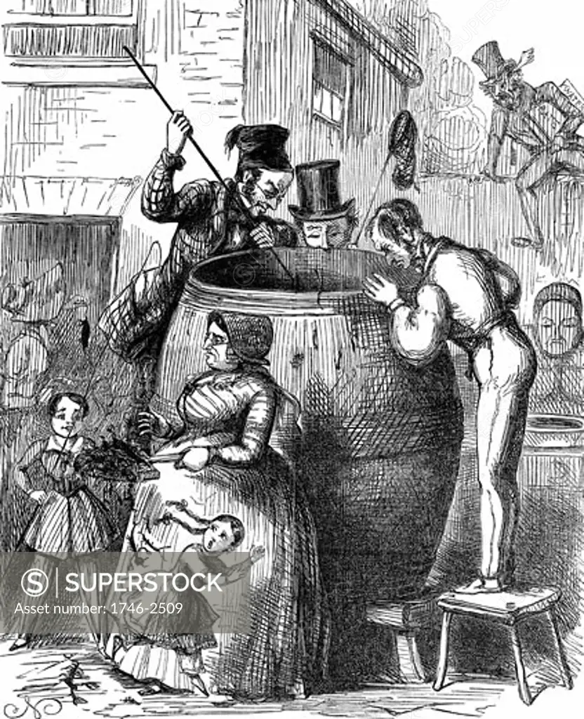 'Water! Water! Everywhere; And not a drop to drink' Comment on London water supply during reappearance of cholera in 1848 and 1849. Cartoon from Punch, London, 1849, with a mis-quote from Coleridge Rhyme of the Ancient Mariner. Wood engraving