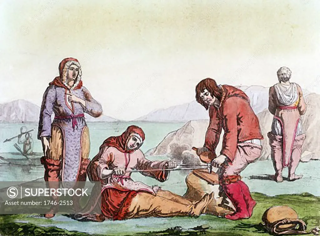 Natives of the Arctic, dressed in animal skins, using a thong drill to make fire (blister method). From Costume Antico et Moderno, Rome, 1825-35