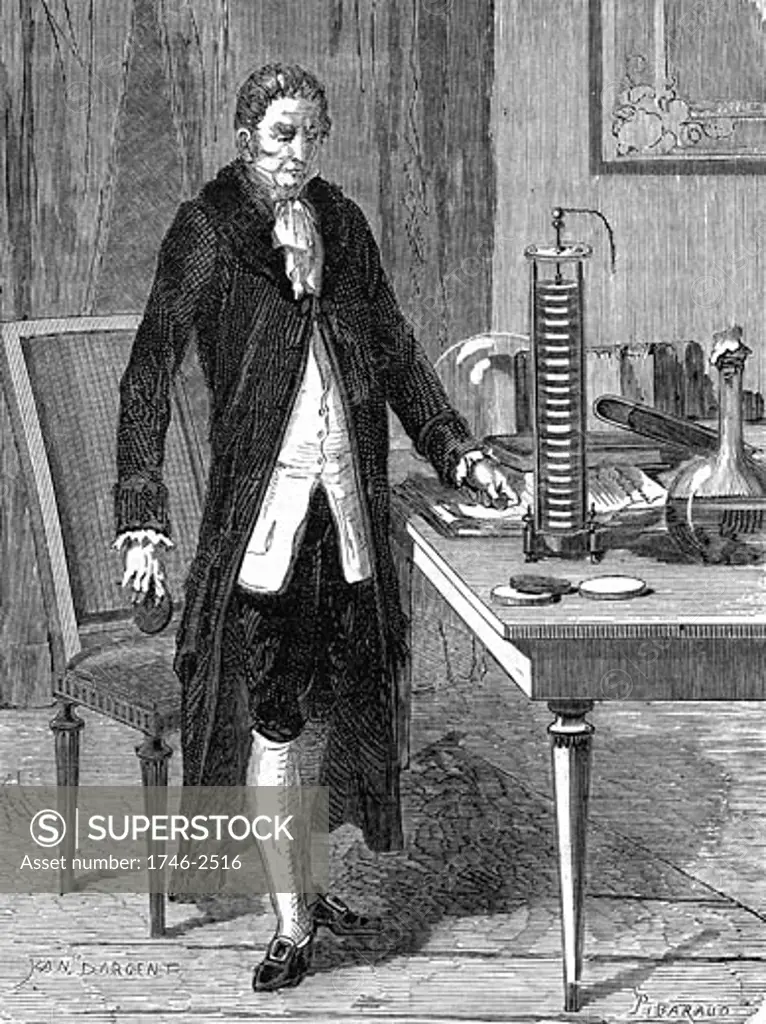 Alessandro Volta (1745-1827) Italian physicist, demonstrating his electric pile (battery). Wood engraving, Paris, c.1870