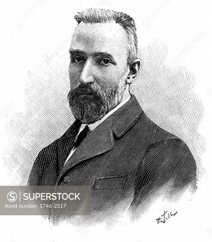 Pierre Curie (1859-1906) French chemist. Awarded Nobel prize for physics in 1903 joint with his wife, Marie, and Henri Becquerel. Engraving