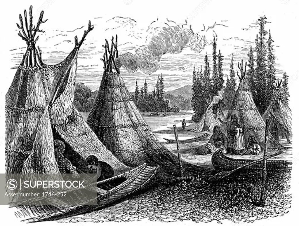 North America Indian encampment in North American Cree Indian settlement in summer Published London, 1874 Wood engraving