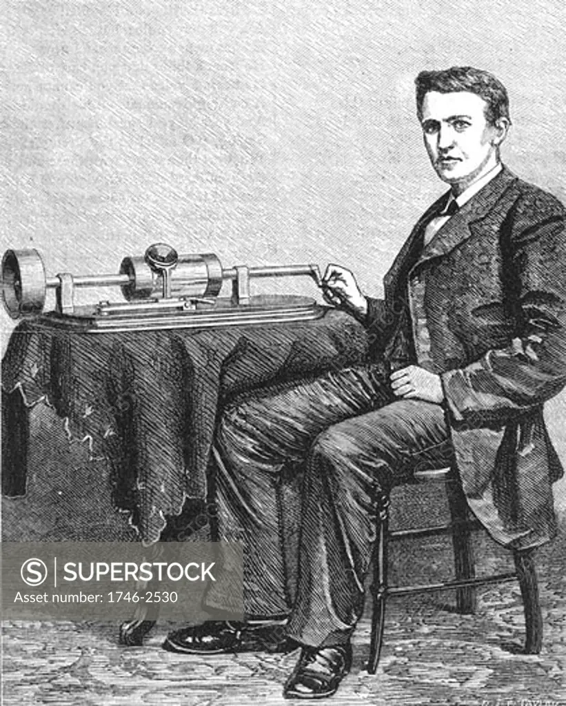 Thomas Alva Edison (1847-1931) American inventor, with early hand-driven model of his phonograph. Engraving published 1878