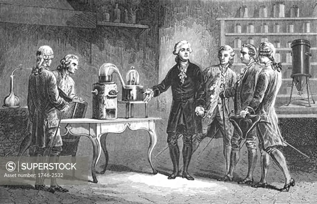 Antoine Laurent Lavoisier (1743-1894) French chemist, demonstrating his discovery of oxygen, 1776. On the table in the right background of the picture is his calorimeter, From Louis Figuier Vies des Savant Illustres du XVIIIe Siecle, Paris 1874, Engraving