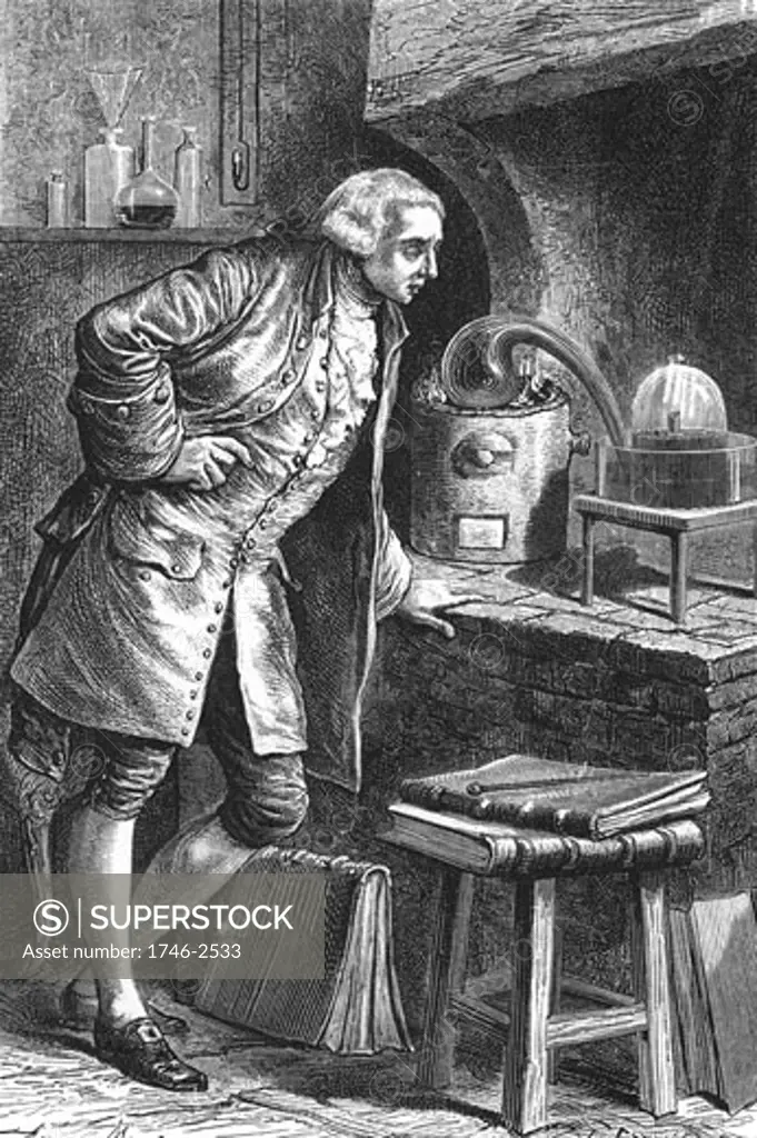 Antoine Laurent Lavoisier (1743-1894) French chemist, investigating the existence of oxygen in the air; experiment in which he obtained mercuric oxide. From Camille Flammarion The Atmosphere, London, 1873. Engraving