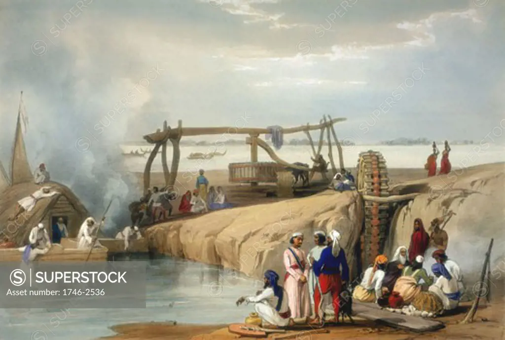 Persian wheel raising water from the Sutlej River - Punjab (India). Hand coloured lithograph from Atkinson Afghanistan, London, 1842