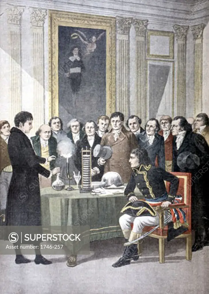 Alessandro Volta, Italian physicist, demonstrating his pile (battery) to Napoleon, From Le Petit Journal, Paris, 1801