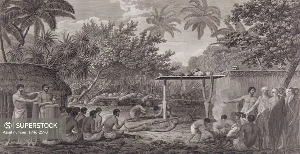 James Cook (1728-79) English navigator, witnessing human  sacrifice in Taihiti (Otaheite) c1773 during his second Pacific voyage 1772-1775. Engraving