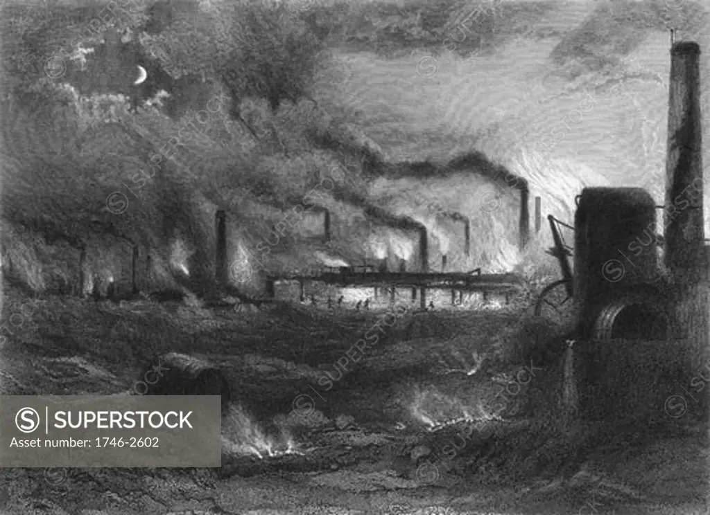 Black Country near Bilston, Staffordshire, England, at night, showing glowing furnaces and chimneys belching smoke.  Engraving from Staffordshire and Warwickshire Past and Present by John Alfred Langford (1872).