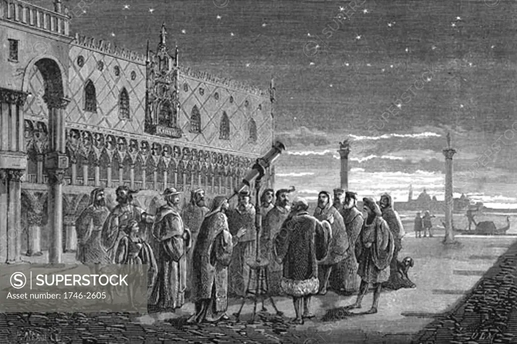 Galileo Galilei (1564-1642) demonstrating his telescope, Venice, 1609. In this artist's reconstruction Galileo, Italian astronomer, mathematician and physicist, is showing his telescope to the Doge and the Venetian Senators. From Vies des Savants Illustres by Louis Figuier (Paris, 1870)