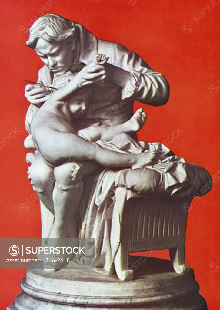 Edward Jenner, English physician, vaccinating his son, Jenner (1749-1823) by 1796 had proved that serum from Cowpox would protect from smallpox. Sculpture in bronze by Giulio Monteverde (1837-1917) Italian 500034053 Galleria Nazion