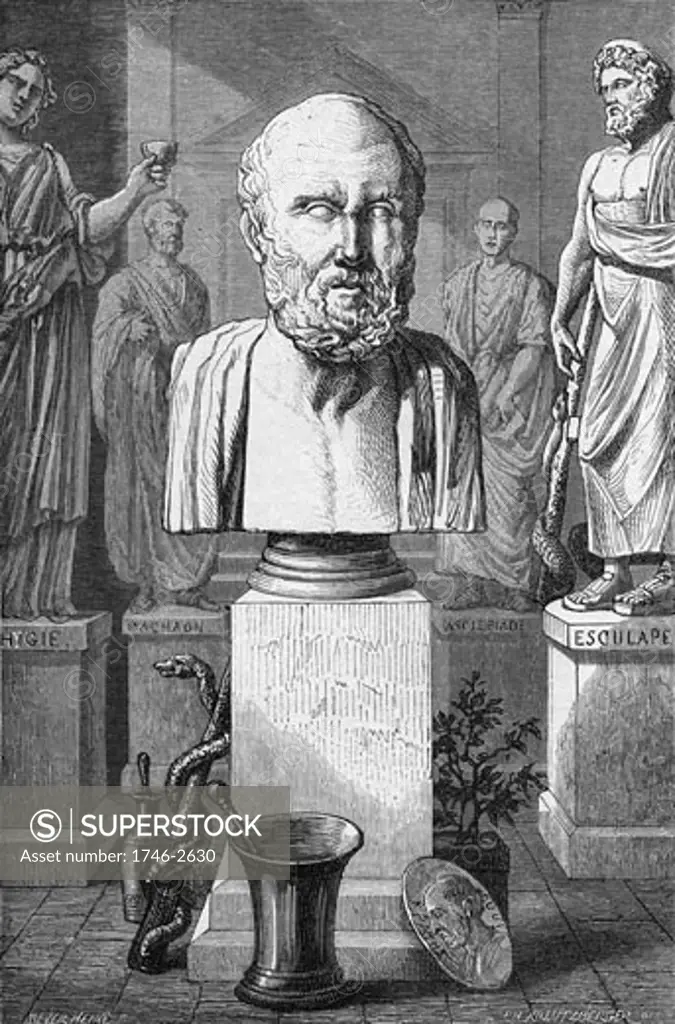 Hippocrates of Cos (c460-377 or 359 BC) Ancient Greek physician. Father of medicine who laid foundations of a scientific basis for medicine., From Vies des Savants Illustres by Louis Figuier. (Paris, 1866). After antique bust in the Louvre, Paris.