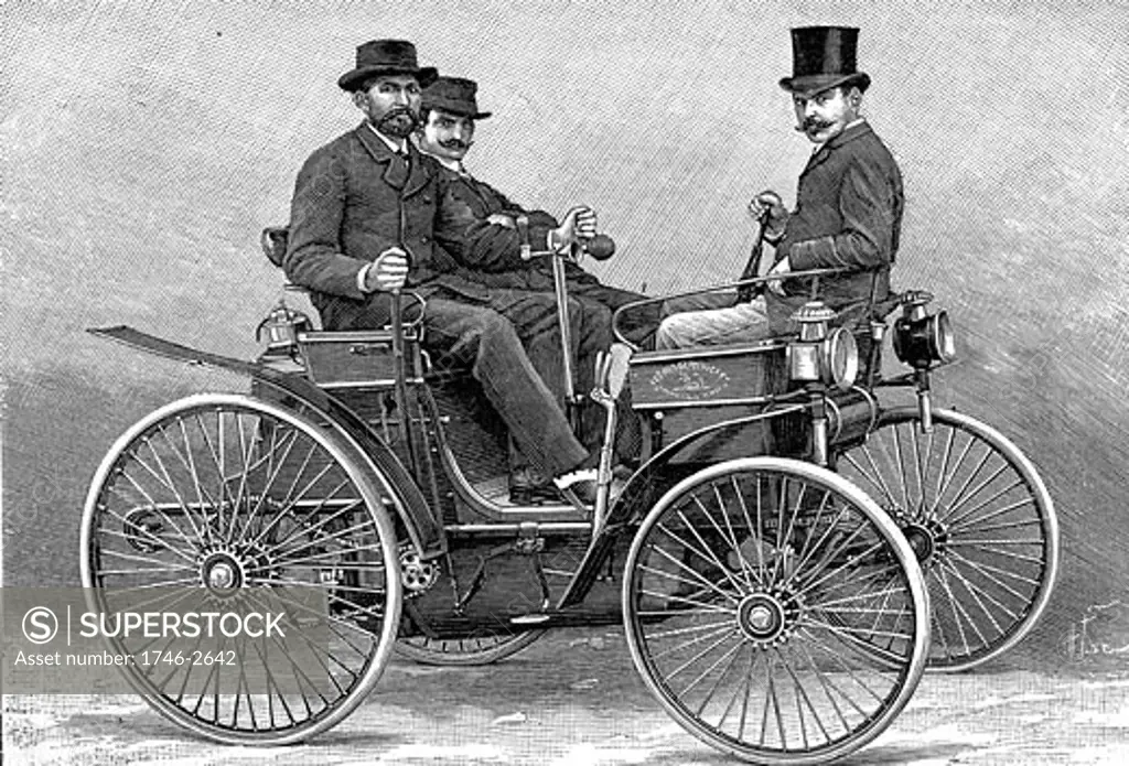 Armand Peugot's (1849-1915) motor car fitted with Daimler V-twin petrol engine. First petrol driven car built in France 1889-90. Engraving