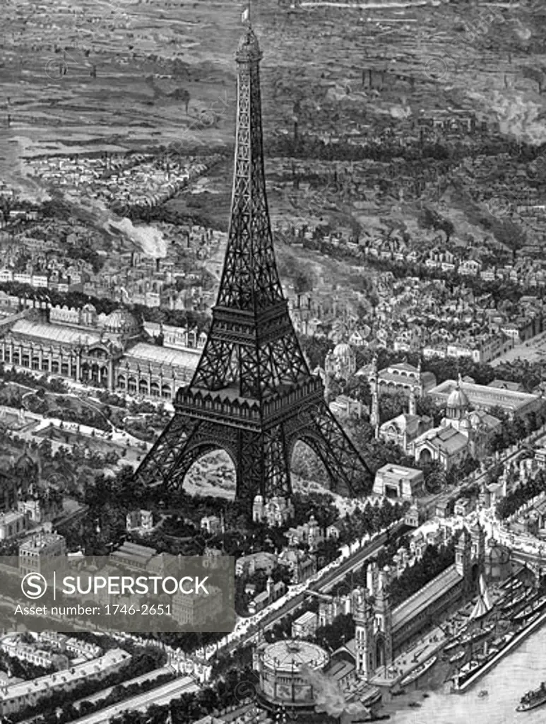 Bird's-eye view of the Eiffel Tower at the time of the opening of the Paris Exposition of 1889, Wood engraving