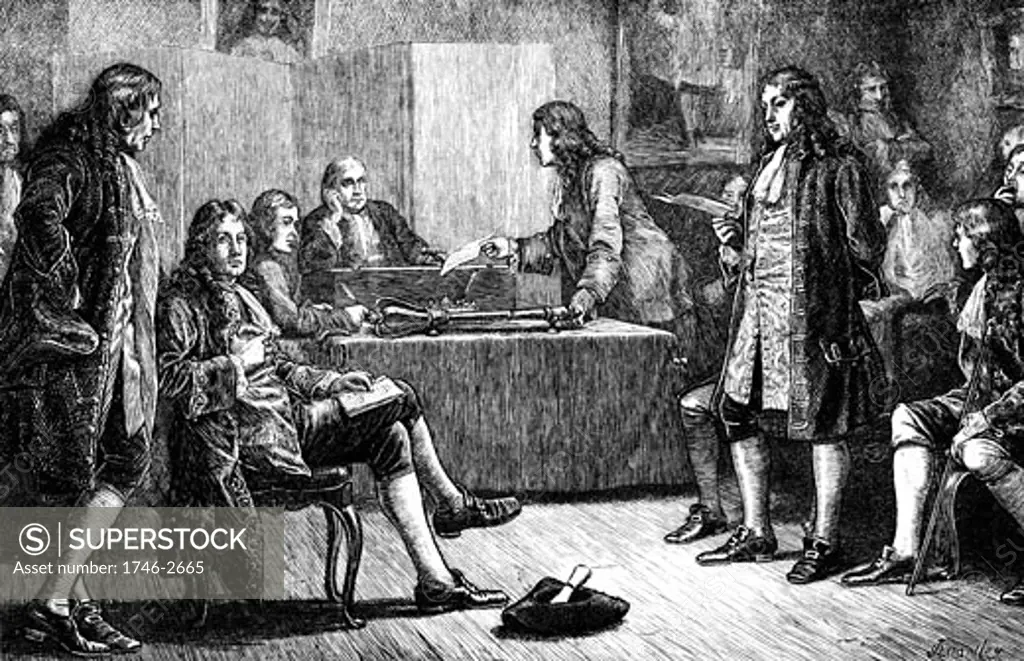 A meeting of the Royal Society in Crane Court, Fleet Street, where it had rooms from 1710-82. Newton is in the President's chair. Artist's reconstruction. Wood engraving c.1880