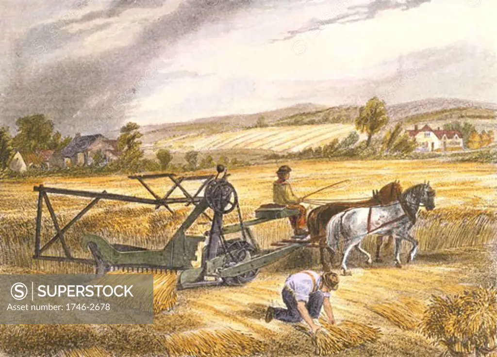 Cyrus McCormick's reaping machine of 1831 (patented 1834). Exhibited at Crystal Palace Exhibition of 1851. First widely adopted reaping machine. Hand-coloured engraving