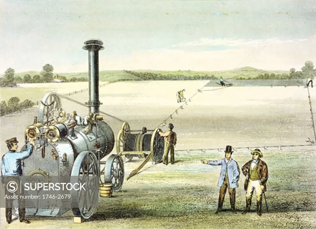 Portable steam engine by Garrett & Sons, Ipswich, being used with ploughing tackle to draw plough (r.background) back and forth across a field. Hand-coloured engraving c. 1860