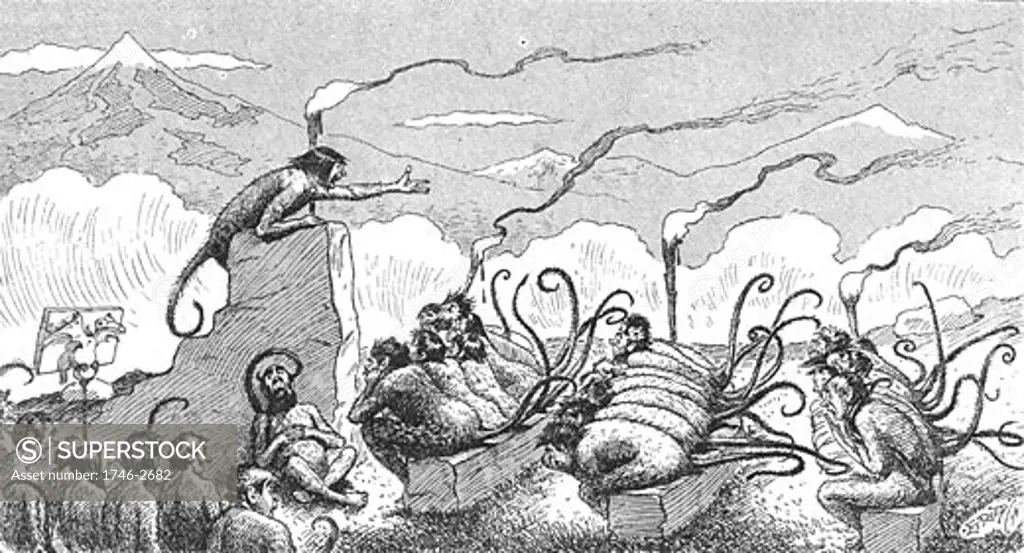 Prehistoric Peeps: Monkeys attending an evening lecture. Cartoon on evolution from Punch, London, 23 June 1894