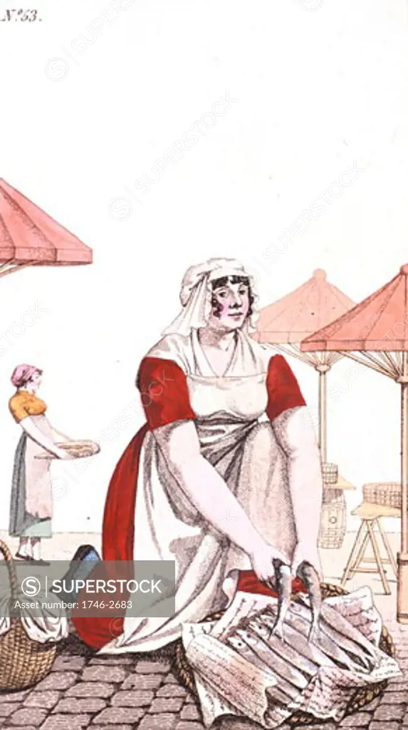 Selling mackerel, From Arts, Metiers et Cris de Paris Paris, 1826, Coloured engraving