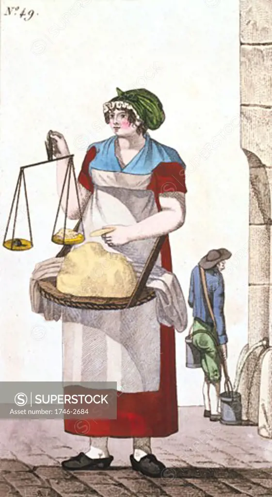 Butter seller with balance to weigh her butter. In background water carrier is filling buckets at conduit, From Arts, Metiers et Cris de Paris Paris, 1826, Coloured engraving