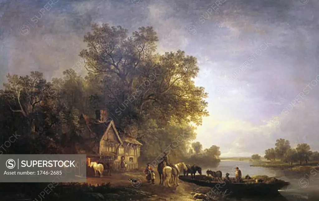 River landscape with rustics and horses at a ferry by moonlight. Smithy and half-timbered cottage surrounded by woods, 1860, E.C. Williams (1807-1881/British), Oil on canvas