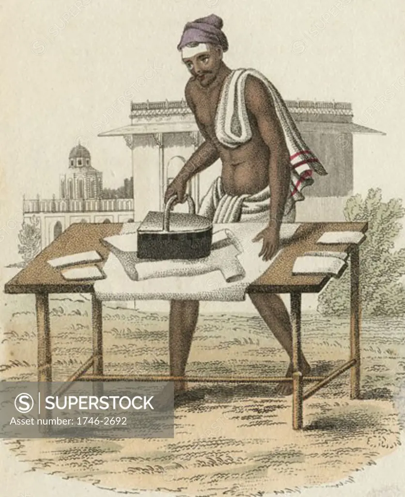 Indian using iron filled with hot charcoal to press clothes, Hand-coloured engraving published R. Ackermann, London, 1822