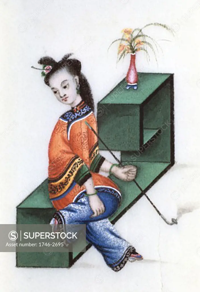 Smoking opium, mid 19th century. Chinese lady smoking a pipe of opium. Her feet have been subjected to the practice of foot binding.