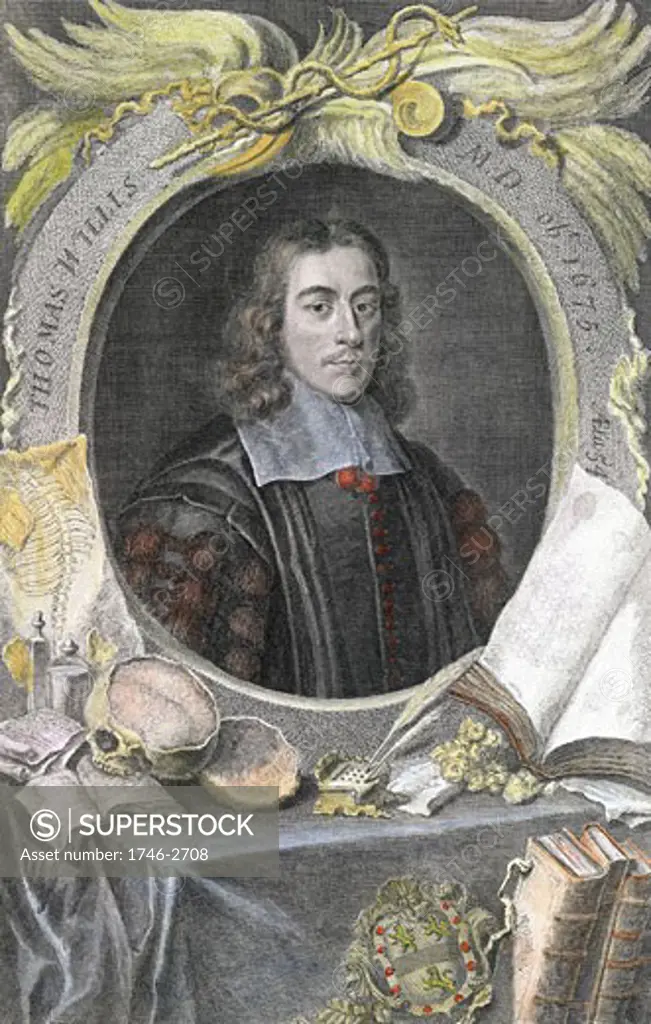 Thomas Willis (1621-75) English physician. First in modern times to notice sweetish taste of diabetic urine in Diabetes mellitus. Studied brain and nervous system. One of founders of the Royal Society, published 1742, George Vertue (1684-1756/British) , Hand-coloured engraving