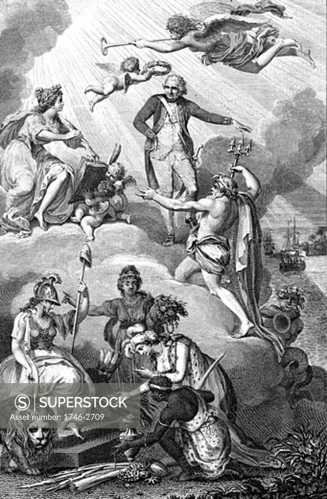 Neptune raising James Cook (1723-79) English navigator, explorer and hydrographer to immortality, and Fame writing his name in the book of history. In foreground inhabitants of America, Africa and Asia pay homage to Britannia., Allegorical copperplate engraving by John Neagle (fl1789-1816) and W Gra