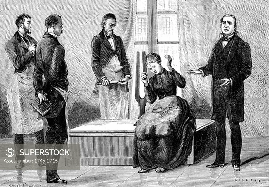 Jean-Martin Charcot (1825-1903) French neurologist and pathologist, on right, demonstrating production of hypnosis using the sound from a large tuning fork. Picture drawn from life at the Salpetriere Hospital, Paris, Engraving from La Nature, Paris, 1879