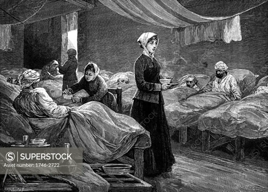 Florence Nightingale (1820-1910) English nurse, in the barrack hospital at Scutari during the Crimean War, c1880, Wood engraving