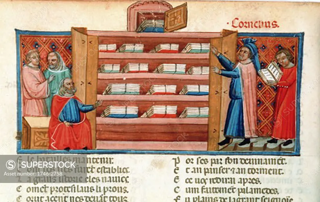 Monks and students in a library. 15th century manuscript of the Romance of Troy. BN., Paris