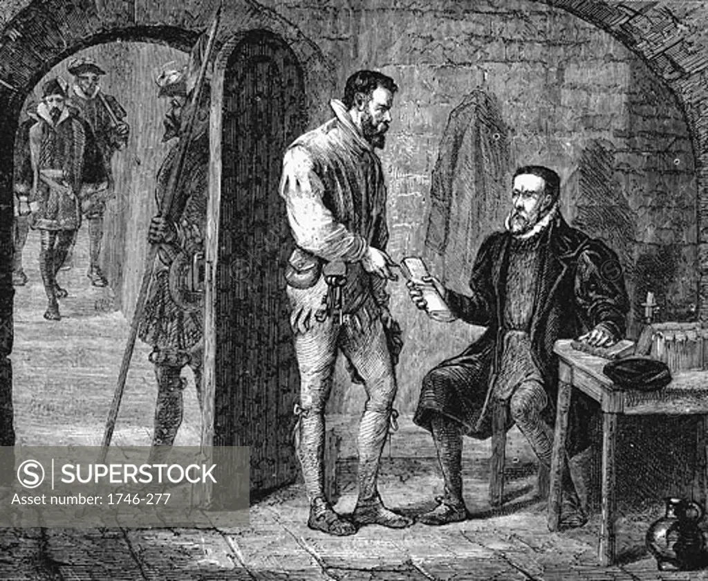 William Tyndale of Tindale giving his jailer a packet thought to have contained his translation on the Old Testament Late 19th century Wood engraving