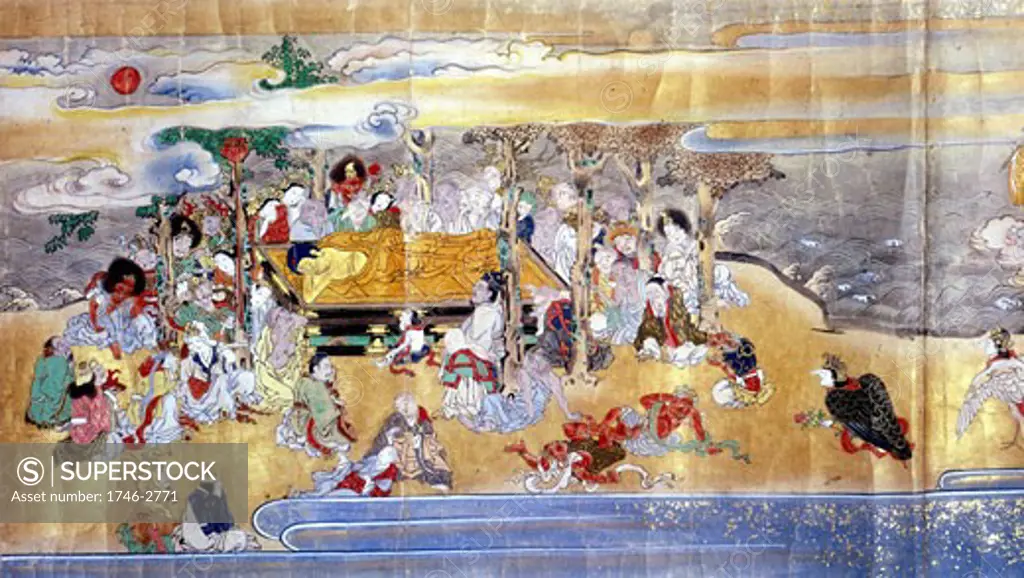 Death of Buddha, Pari Nirvana.  Episode from 18th century Japanese manuscript scroll. British Museum, London 