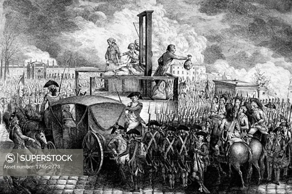 French Revolution: Execution of Louis XVI, 1754-93, 21 January 1793, Louis' head being shown to the crowd, On far side of scaffold a wicker basket stands ready to receive his body, Engraving