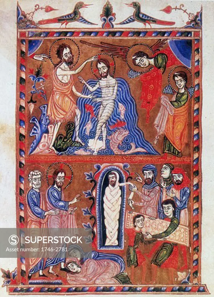 Baptism of Jesus by St John the Baptist (top) and Raising of Lazarus after four days. At feet of Jesus are Martha and Mary, sisters of Lazarus (bottom). After Armenian Evangelistery (1336). Calligraphy and painting by Sarkis Pitsak