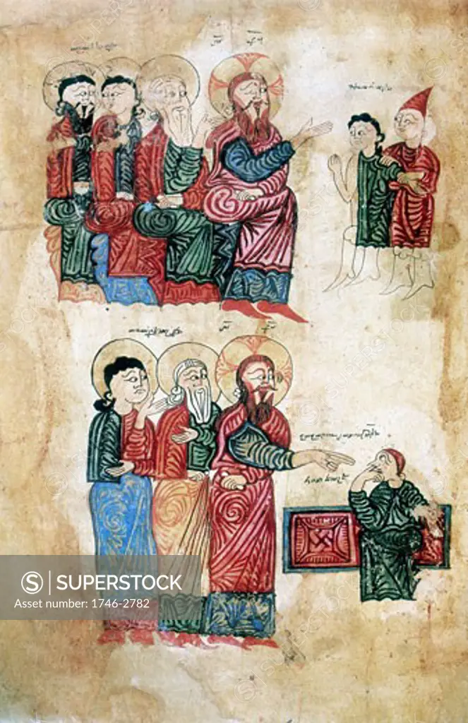Jesus curing the man possessed of a devil (top). Raising of Lazarus, brother of Martha and Mary, after four days (bottom). After Armenian Evangelistery (1394). Calligraphy and painting by Rotakes.
