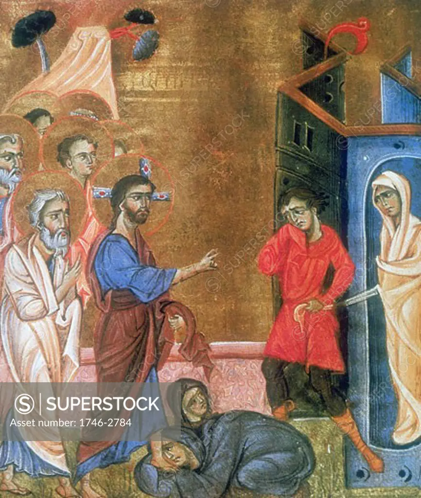 Jesus raising Lazarus after four days. Martha and Mary, sisters of Lazarus kneel at Jesus' feet as Lazarus is led from tomb in his shroud.  After Armenian gospel (c.1269). Painter and calligrapher Toros Rosline 
