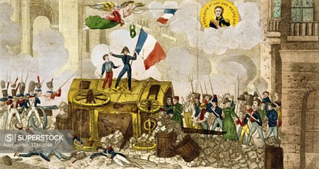 Barricade during 1830 French Revolution, Allegorical illustration on Louis Phillipe