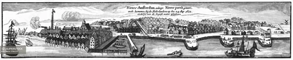 Dutch settlement of New Amsterdam, later to become New York, in 1673 Engraving