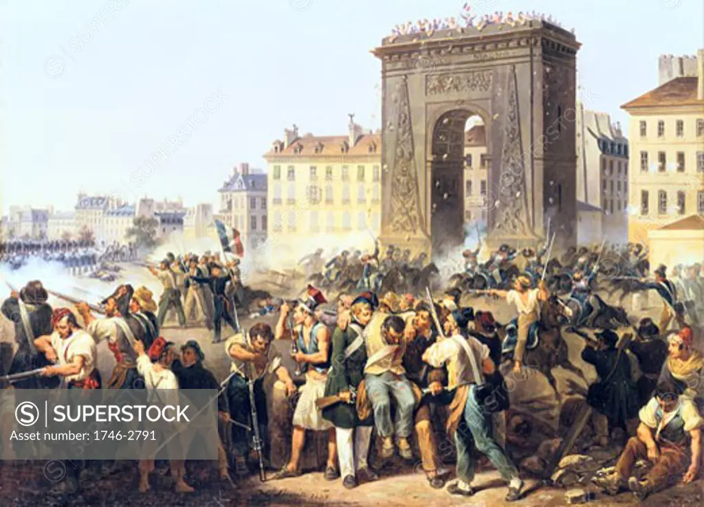 Battle for Porte Saint Denis July 1830, Hippolyte Lecomte, 1781-1857, French,