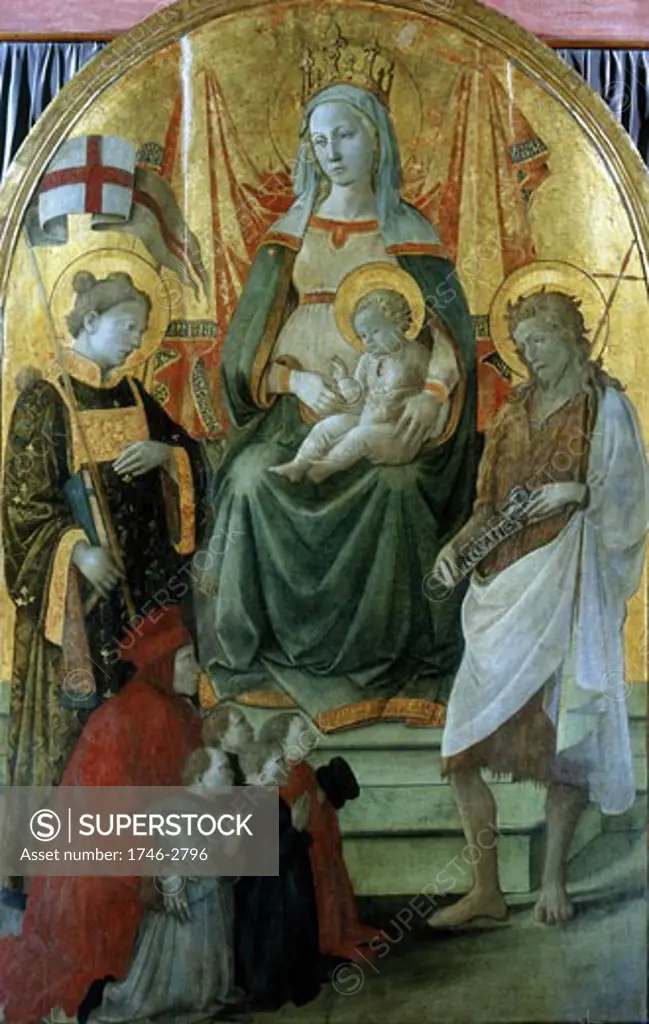 Madonna del Ceppo. Virgin and Child enthroned, flanked by St John the Baptist and another saint, with donor and family kneeling. Filippo Lippi (c.1406-69 Italian)