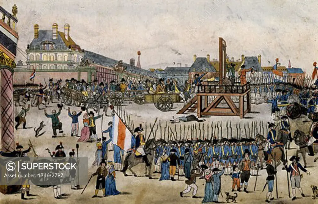 Execution by guillotine of Robespierre, 1758-1794, French revolutionary, and his conspirators, Robespierre mounts scaffold, In cart left of scaffold are Hanriot, Robespieree, Dumas and Saint-Just, Behind them are are 14 conspirators in 2 carts, Contemporary hand-coloured lithograph by de Vinck