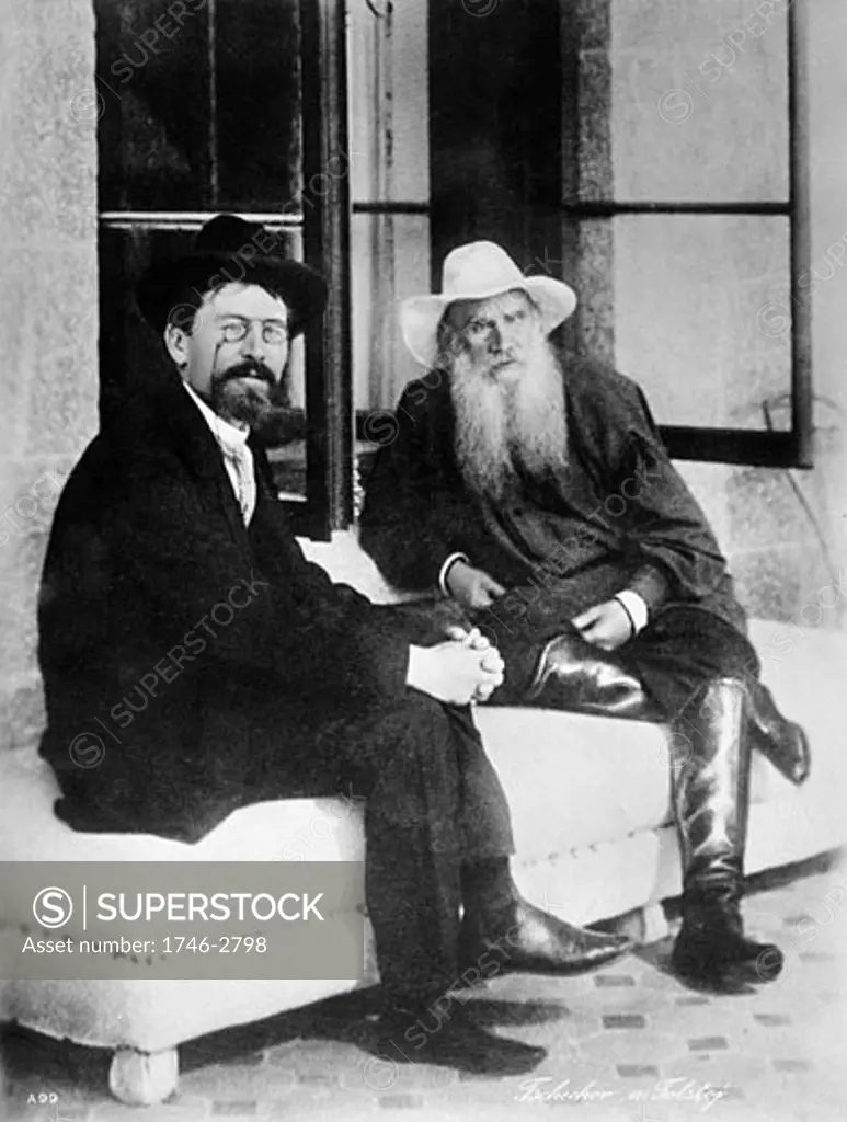 Anton Chekhov (1860-1904) Russian writer, left, with Leo Tolstoy (1828-1910) Russian writer, philosopher and mystic. Photograph