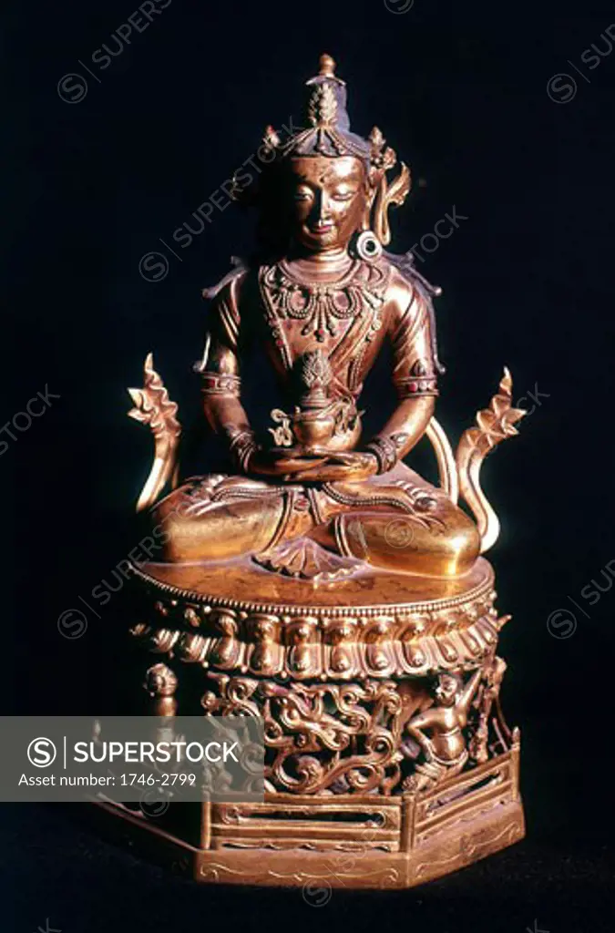 Amitaba Buddha in his manifestation of "Boundless Life" sitting holding a vessel containing the nectar of immortality. Tibetan Art. Bronze. 18th century.