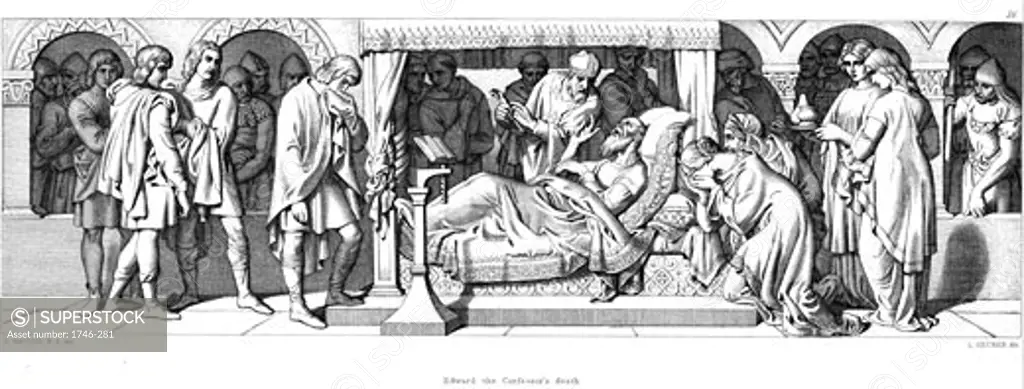 Death of Edward The Confessor, Anglo-Saxon king of England, From The Story of The Norman Conquest, London, 1866, Daniel Maclise (1806-1870 Irish), Engraving