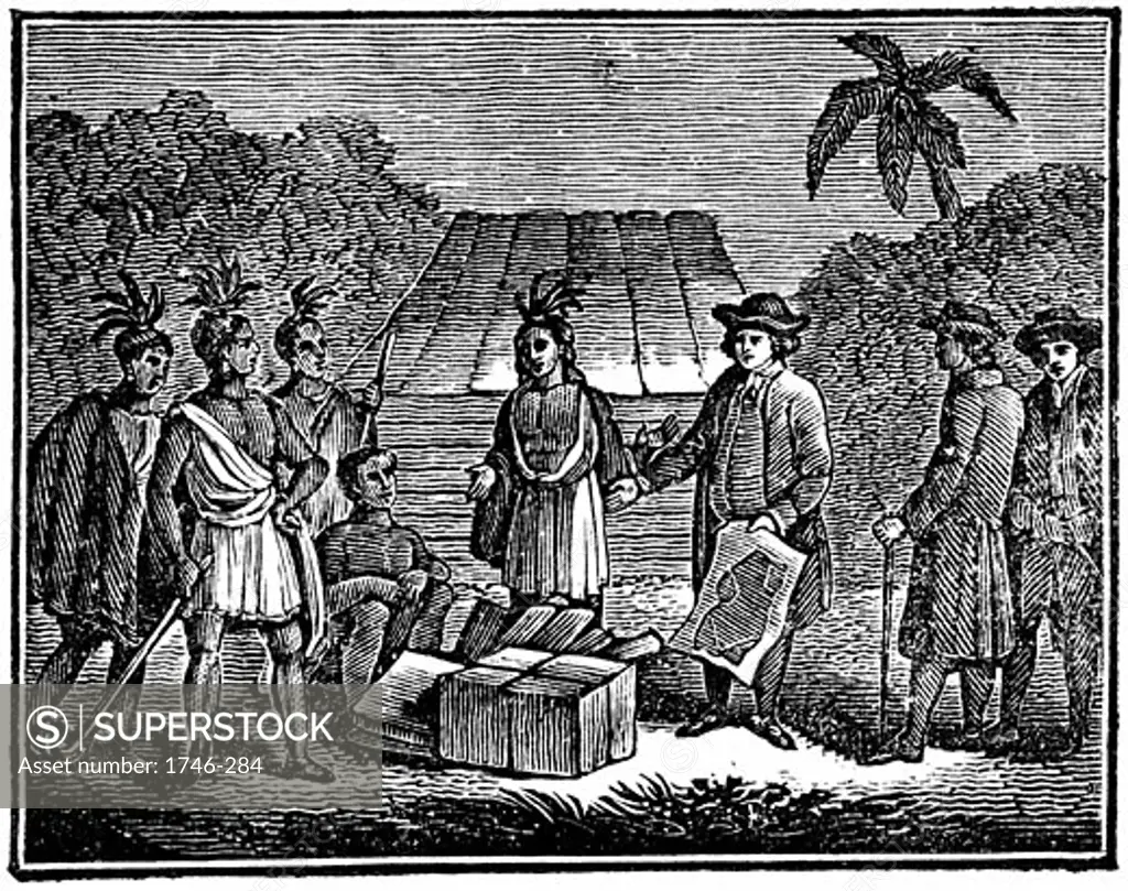 William Penn (1644-1718) English Quaker colonist, treating with Native Americans on site of present day Philadelphia 1830 Woodcut